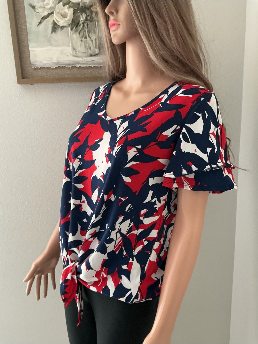 Passport Red, White & Navy Abstract Tie-Front V-Neck Top - Picture 3 of 9